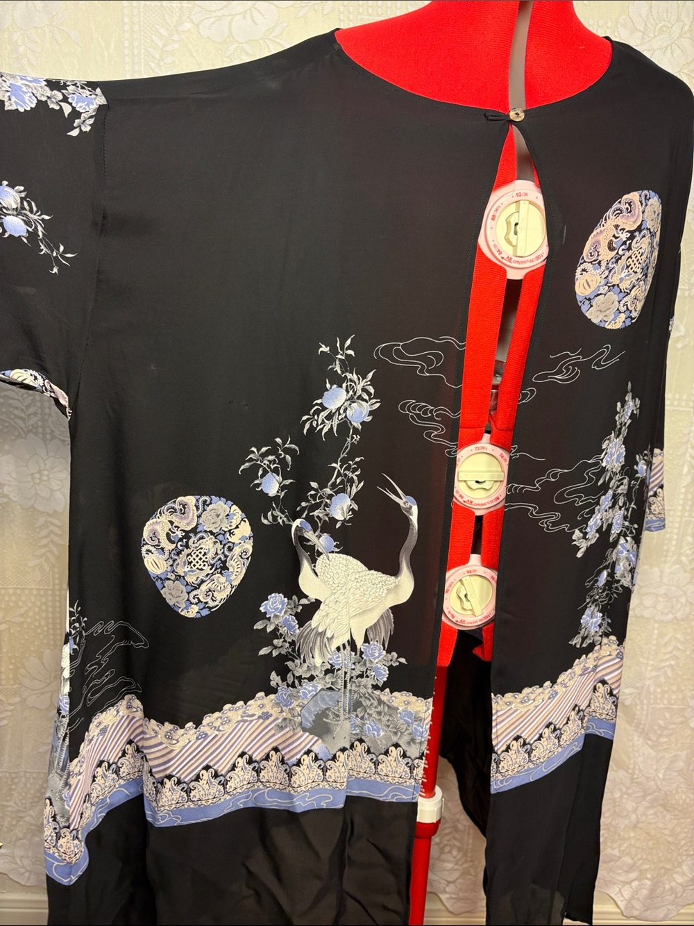 Citron 100% Silk Black Crane Floral Kimono Jacket Duster *has a few Small Snags - Picture 4 of 16